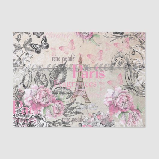 ヴィンテージのタイプエラーの黒のピンクの花のパリエッフェル塔 薄葉紙 (正面)