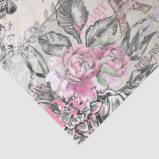 ヴィンテージのタイプエラーの黒のピンクの花のパリエッフェル塔 薄葉紙 (詳細)