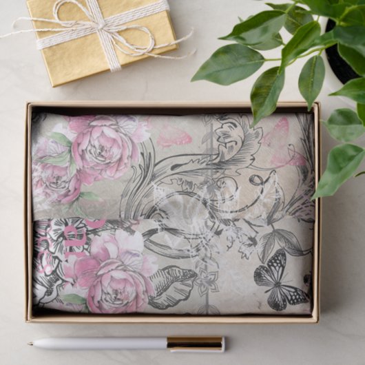 ヴィンテージのタイプエラーの黒のピンクの花のパリエッフェル塔 薄葉紙 (ギフト)