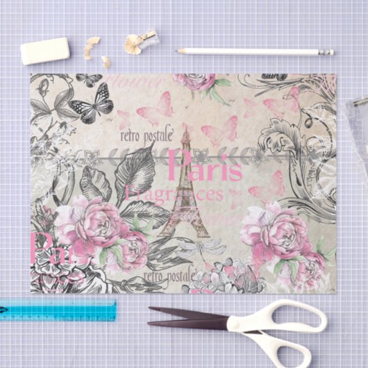 ヴィンテージのタイプエラーの黒のピンクの花のパリエッフェル塔 薄葉紙 (クラフト)