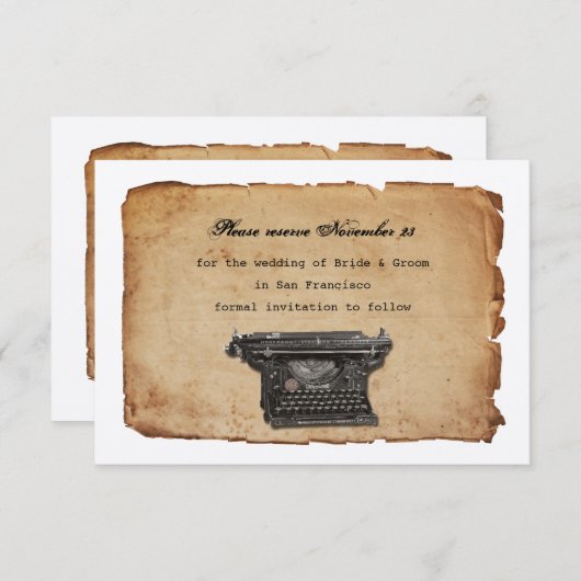 ヴィンテージのタイプライターの羊皮紙の保存日付 セーブザデート (正面/裏面)