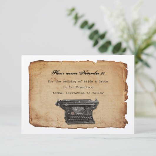 ヴィンテージのタイプライターの羊皮紙の保存日付 セーブザデート (スタンド正面)