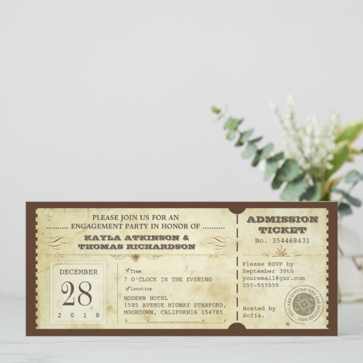 ヴィンテージのタイポグラフィの婚約パーティのチケット 招待状 (スタンド正面)