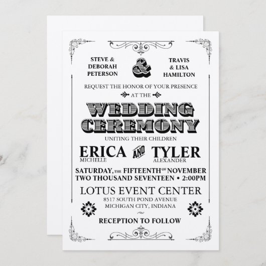 ヴィンテージのタイポグラフィの結婚式招待状 招待状 (正面/裏面)