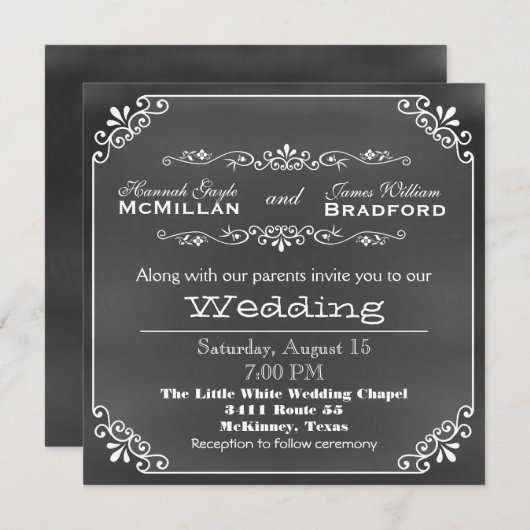 ヴィンテージのタイポグラフィの黒板の一見の結婚式 招待状 (正面/裏面)
