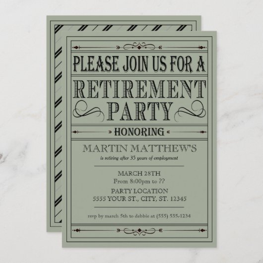 ヴィンテージのタイポグラフィ、退職のパーティの招待状 招待状 (正面/裏面)