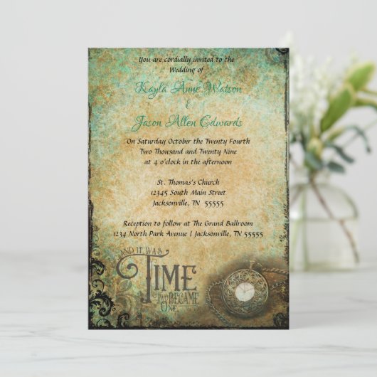 ヴィンテージのタイムピース2つの結婚式の招待 招待状 (スタンド正面)
