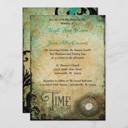 ヴィンテージのタイムピース2つの結婚式の招待 招待状 (正面/裏面)