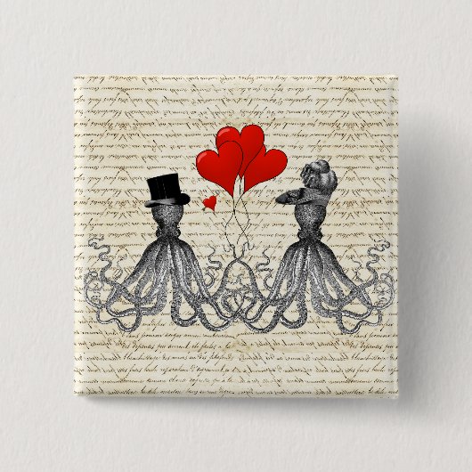 ヴィンテージのタコおよびハート 缶バッジ (正面)