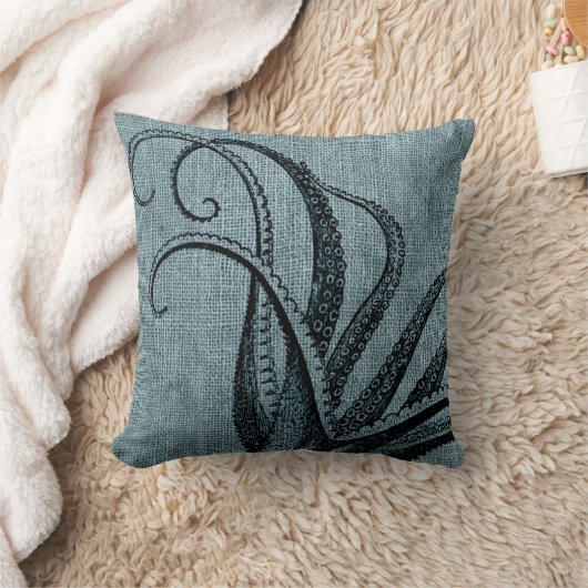 ヴィンテージのタコの触手の黒のブルーグレー クッション (ブランケット)