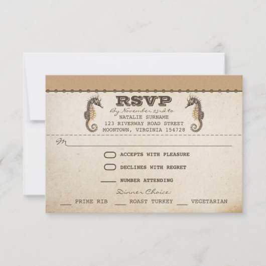 ヴィンテージのタツノオトシゴのユニークな結婚式のrsvpのチケット 出欠カード (正面)