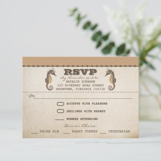 ヴィンテージのタツノオトシゴのユニークな結婚式のrsvpのチケット 出欠カード (スタンド正面)