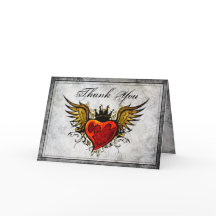 ヴィンテージのタトゥー翼ハートサンキューカード