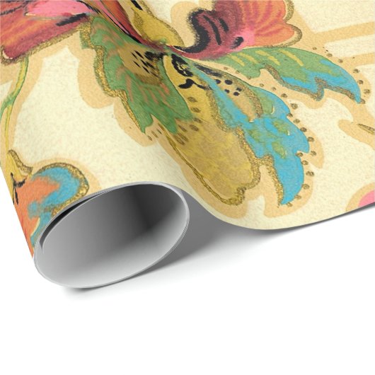 ヴィンテージのターコイズのオレンジ花模様の壁紙パターン ラッピングペーパー (ロールコーナー)