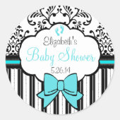 ヴィンテージのダマスク織およびストライプの青色児のシャワー ラウンドシール (正面)