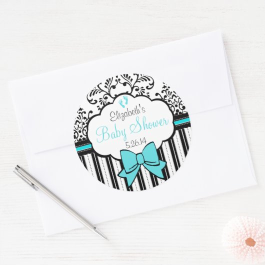 ヴィンテージのダマスク織およびストライプの青色児のシャワー ラウンドシール (封筒)