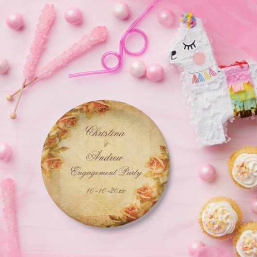 ヴィンテージのダマスク織のぼろぼろのシックなモモのバラの婚約 ペーパープレート (パーティー)