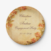 ヴィンテージのダマスク織のぼろぼろのシックなモモのバラの婚約 ペーパープレート (正面)