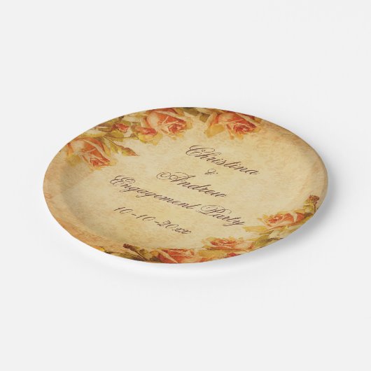 ヴィンテージのダマスク織のぼろぼろのシックなモモのバラの婚約 ペーパープレート (アングル)