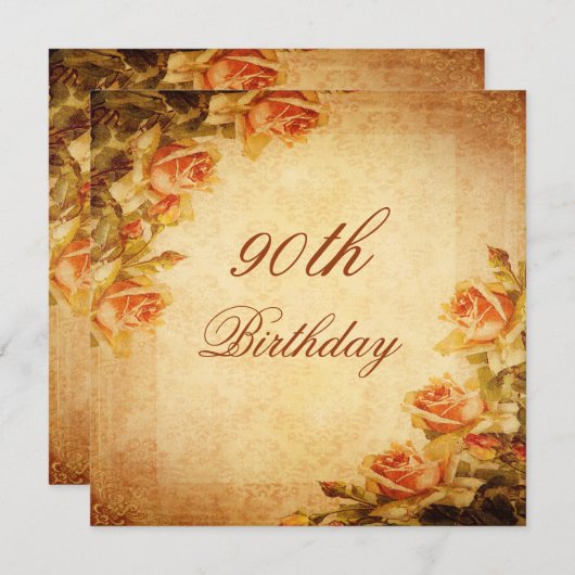 ヴィンテージのダマスク織のぼろぼろのシックなモモのバラ第90 招待状 (正面/裏面)