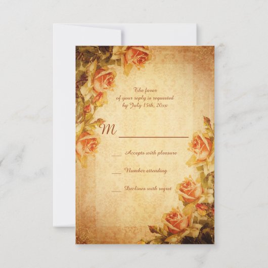 ヴィンテージのダマスク織のぼろぼろのシックなモモのバラRSVP 出欠カード (裏面)