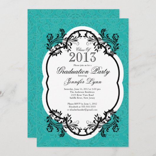 ヴィンテージのダマスク織のスタイリッシュで青い卒業パーティー 招待状 (正面/裏面)
