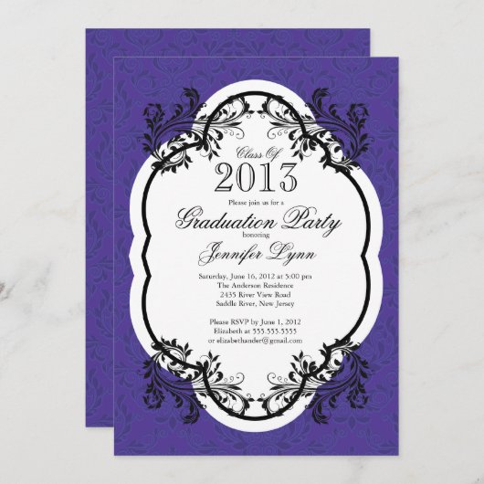 ヴィンテージのダマスク織のスタイリッシュな紫色の卒業パーティー 招待状 (正面/裏面)
