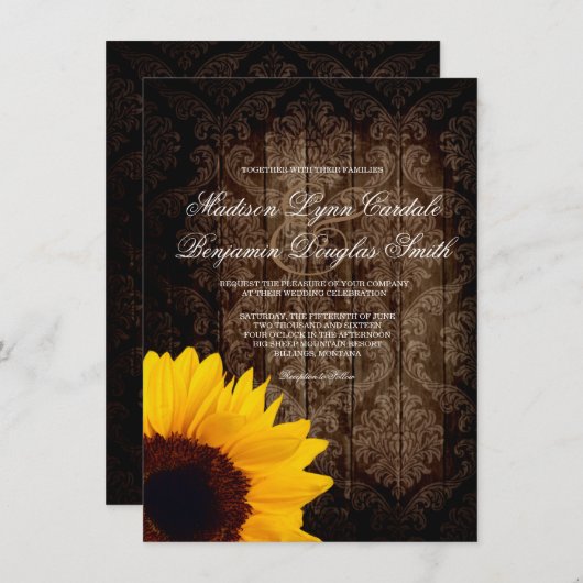 ヴィンテージのダマスク織のヒマワリの素朴な結婚式招待状 招待状 (正面/裏面)