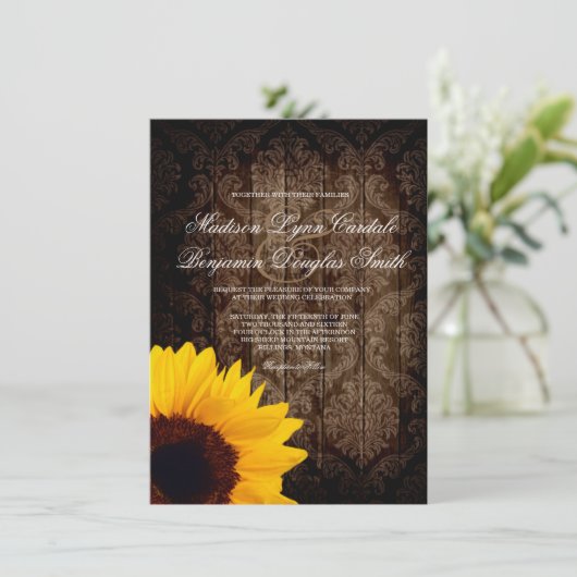 ヴィンテージのダマスク織のヒマワリの素朴な結婚式招待状 招待状 (スタンド正面)