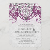 ヴィンテージのダマスク織の灰色およびプラムモダンのタイポグラフィ 招待状 (正面/裏面)
