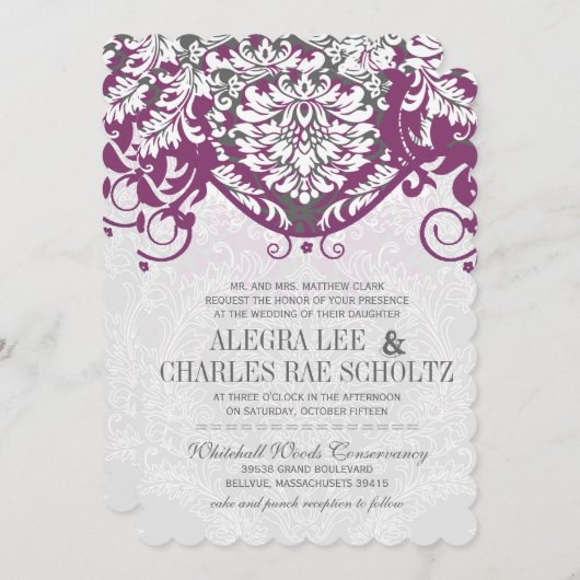 ヴィンテージのダマスク織の灰色およびプラムモダンのタイポグラフィ 招待状 (正面/裏面)