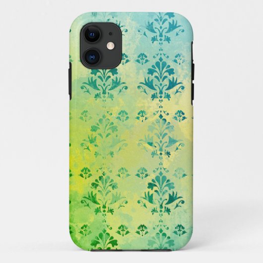 ヴィンテージのダマスク織の青い黄色緑パターン Case-Mate iPhoneケース (裏面)