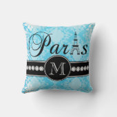 ヴィンテージのダマスク織の黒のパリのガーリーで青いモノグラム クッション (裏面)