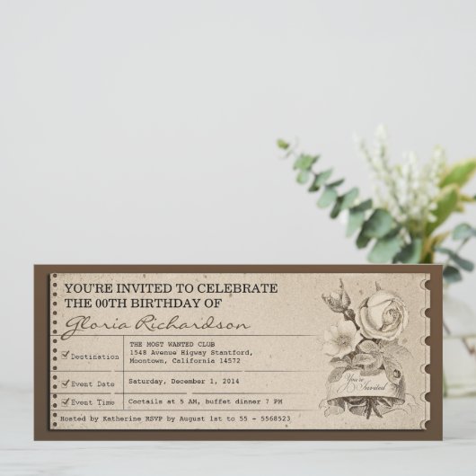 ヴィンテージのチケットのユニークなデザインの誕生日の招待 招待状 (スタンド正面)