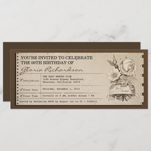 ヴィンテージのチケットのユニークなデザインの誕生日の招待 招待状 (正面/裏面)