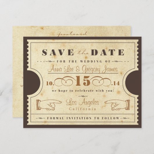 ヴィンテージのチケットの保存日付の郵便はがき セーブザデート (正面/裏面)