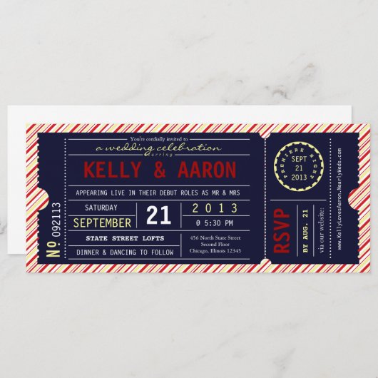 ヴィンテージのチケットの対角線のストライプの結婚式招待状 招待状 (正面/裏面)