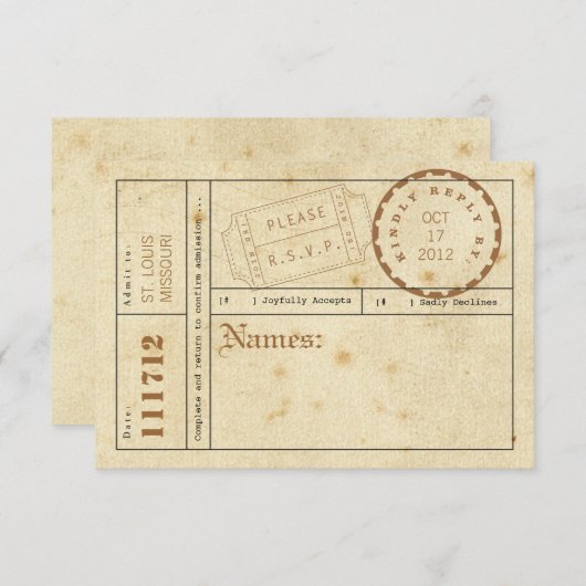 ヴィンテージのチケットタブの応答カード 出欠カード (正面/裏面)