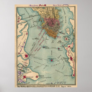 ヴィンテージのチャールストンSCの内戦の地図(1865年) ポスター