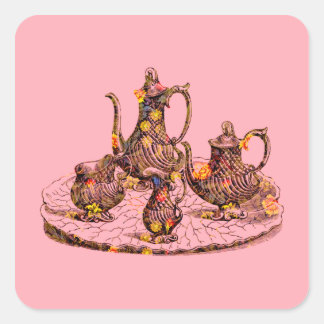 ヴィンテージのティーポットのピンクの装飾シール スクエアシール