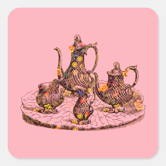 ヴィンテージのティーポットのピンクの装飾シール スクエアシール (正面)