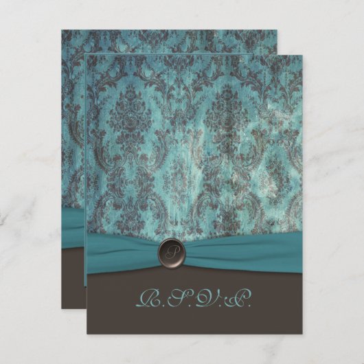 ヴィンテージのティール（緑がかった色）およびブラウンのダマスク織RSVPカード サンキューカード (正面/裏面)