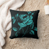 ヴィンテージのティール（緑がかった色）および黒のバラのイラストレーション クッション (ブランケット)