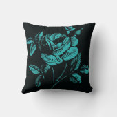 ヴィンテージのティール（緑がかった色）および黒のバラのイラストレーション クッション (裏面)