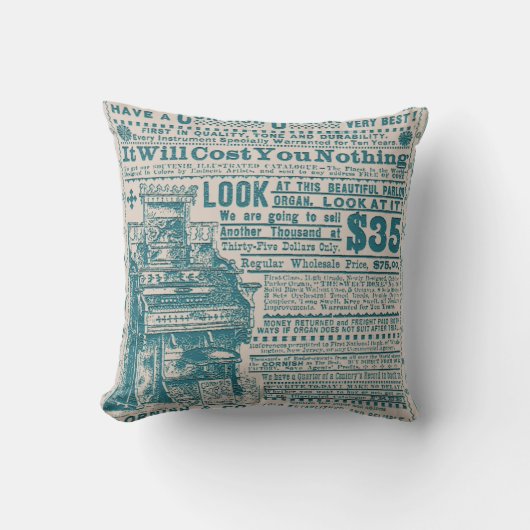 ヴィンテージのティール（緑がかった色）のタイポグラフィコーニッシュ器官の楽器 クッション (正面)