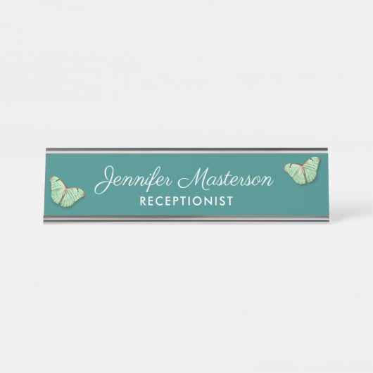 ヴィンテージのティール(緑がかった色)の背景(名前あり) デスクネームプレート (正面)