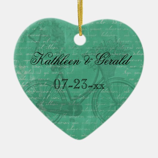 ヴィンテージのティール(緑がかった色)の自転車のハートの記念品のオーナメント セラミックオーナメント (正面)