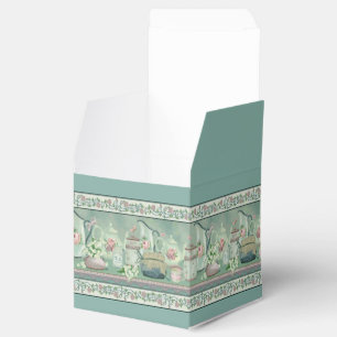 ヴィンテージのティール(緑がかった色)の茶及びバラの立方体の好意箱 フェイバーボックス