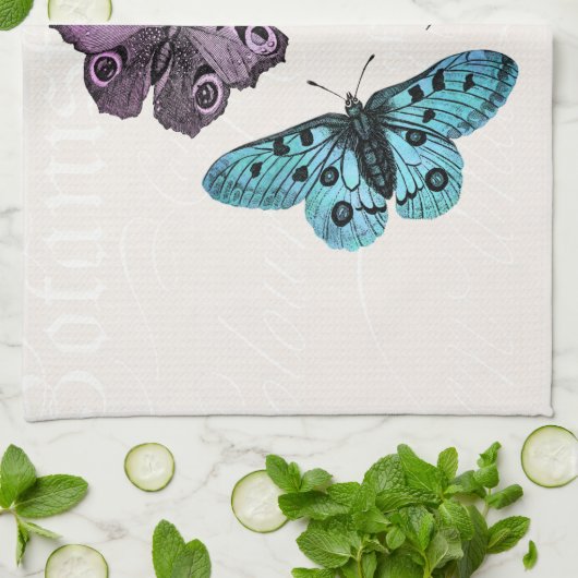 ヴィンテージのティール（緑がかった色）の青い紫色のピンクの蝶スケッチ キッチンタオル (折り畳み)