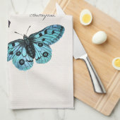 ヴィンテージのティール(緑がかった色)の青い紫色のピンクの蝶スケッチ キッチンタオル (四つ折り)